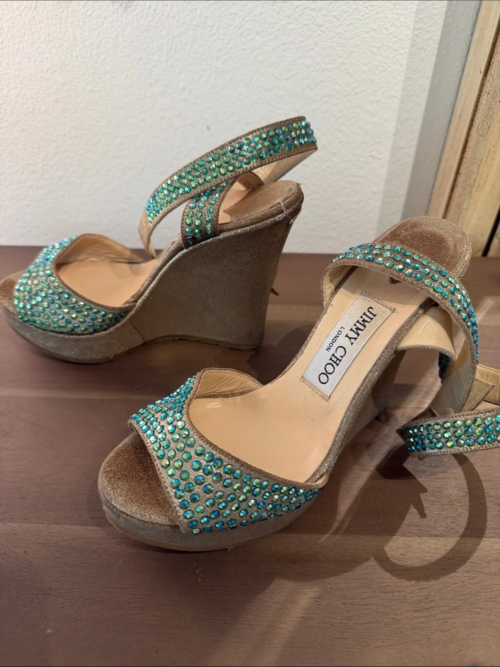 Jimmy Choo Gold Heeled Sandals with Aqua Crystal Accents VINTAGE